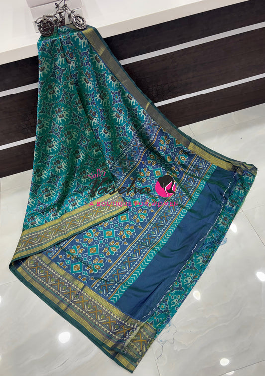 Semi Patola / Art Silk Saree - Light Blue With Peacock Blue Combo - VVSPS001