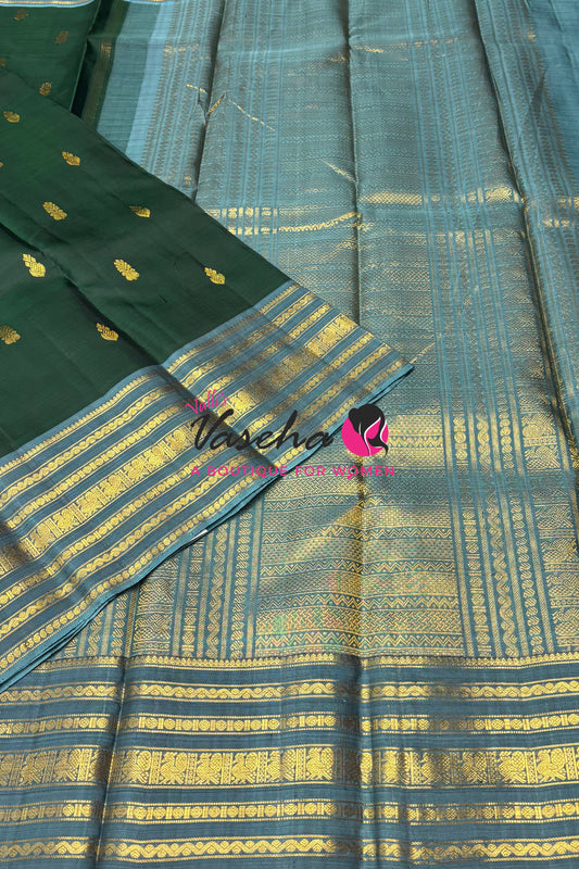 Pure Kanchipuram Silk Saree - Green With Blue - VVPS098
