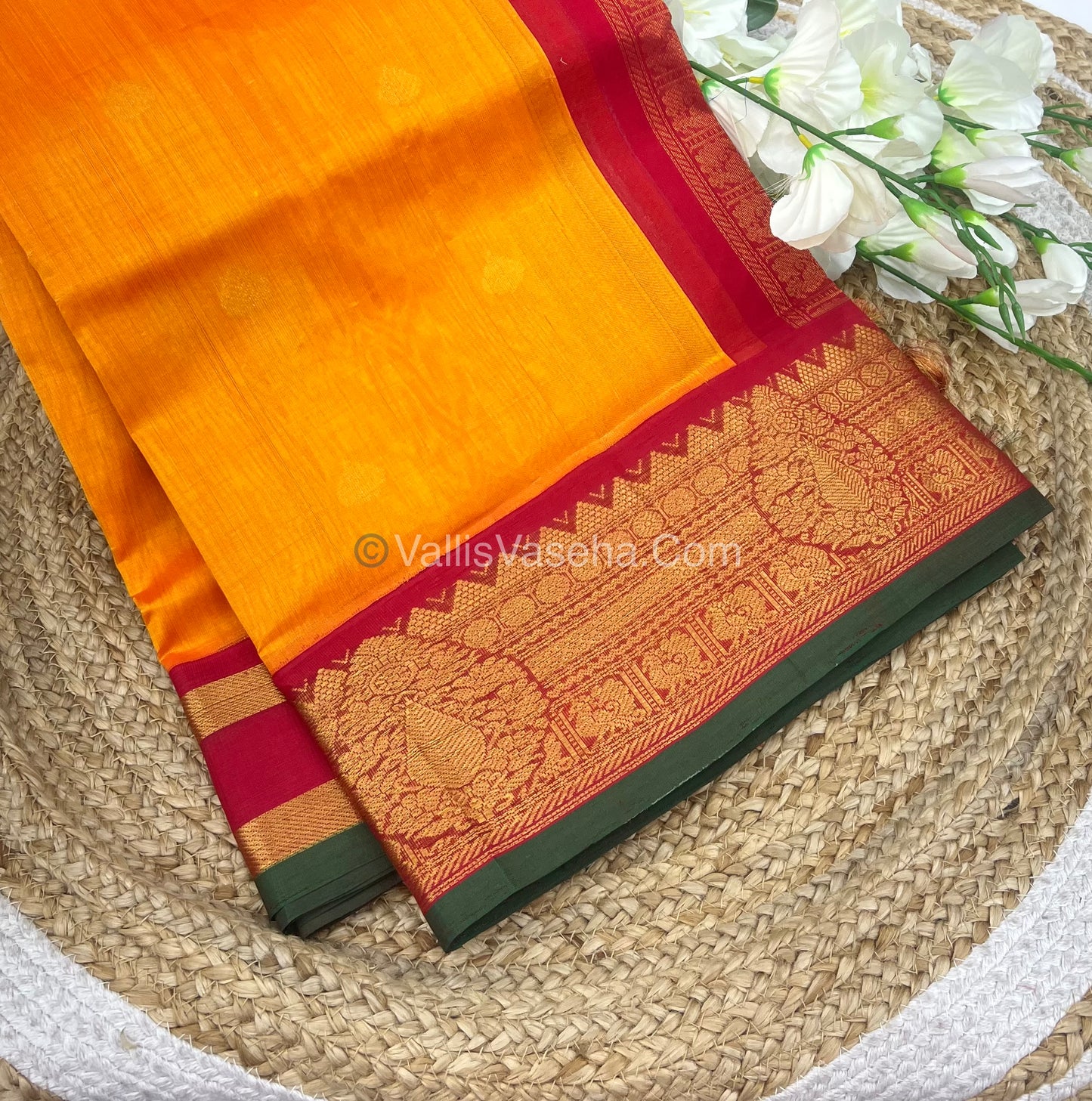 Pure Korvai Silk Cotton Saree - Orange with Red - VVKSC019