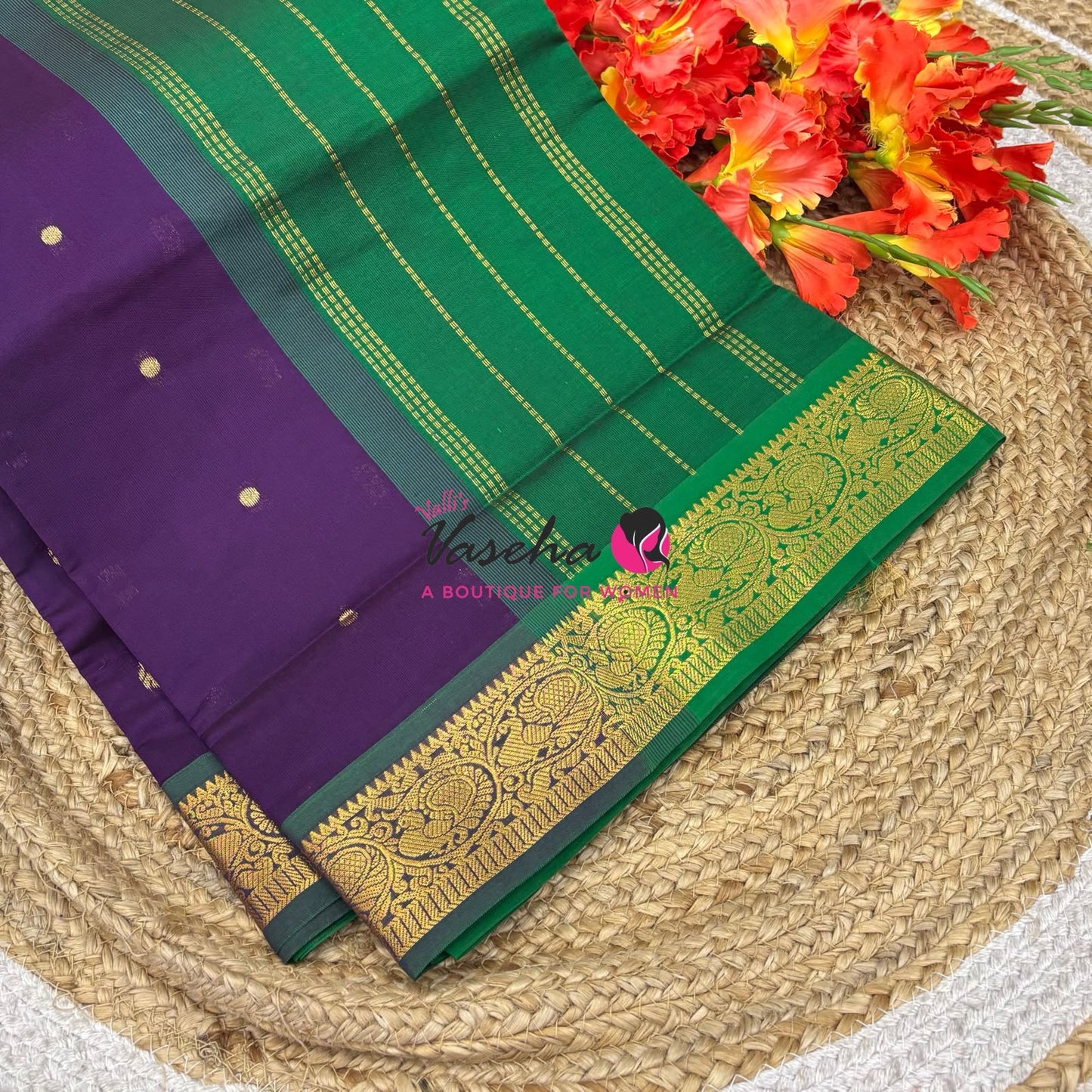 Semi Silk Cotton Saree - Small Round with Zari Butta  - VVSSC014