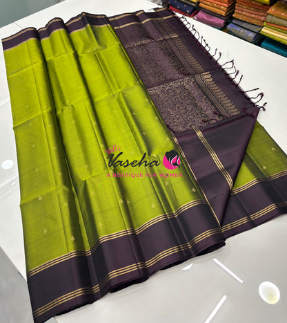 Pure Soft Silk Saree  - Green & Wine Brown Combo - VVPSS141