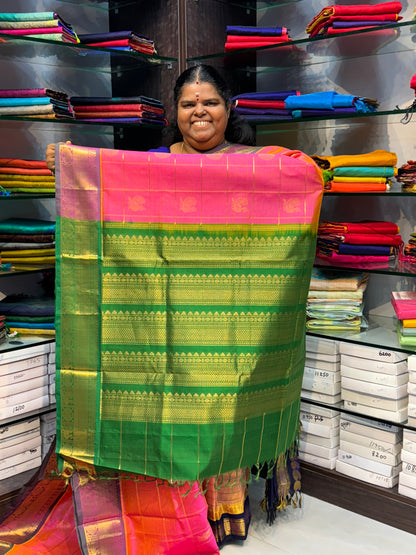 Pure Silk Cotton Saree - Mayil & Chakkaram Design - Peachish Pink with Green - VVMC001