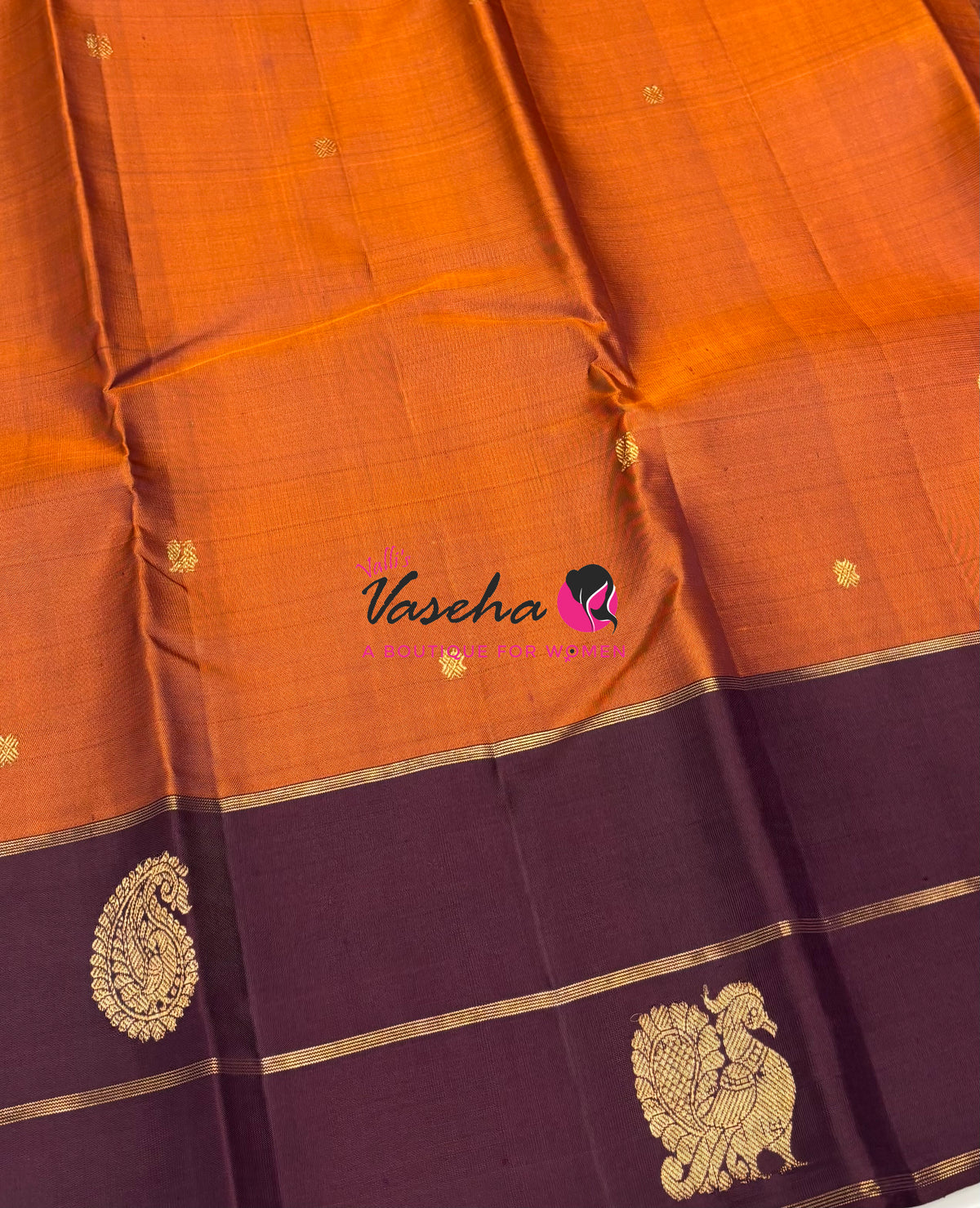 Pure Kanchipuram Silk Saree - Rust Orange & Wine Brown Combo - VVPS046