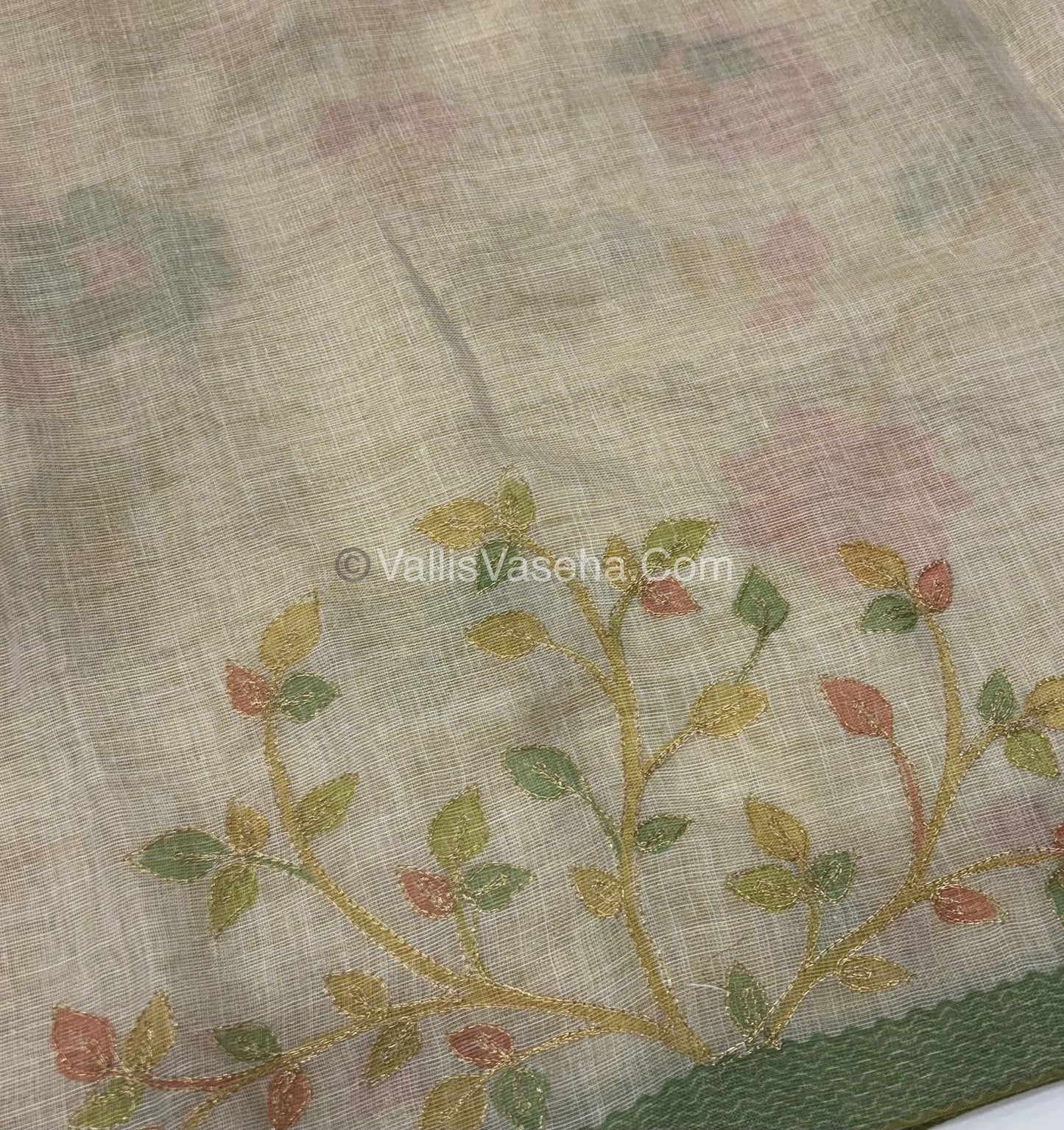 Tissue Linen Saree - Cream With Green Shade - VVTLS003