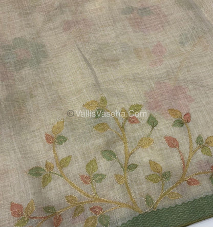 Tissue Linen Saree - Cream With Green Shade - VVTLS003