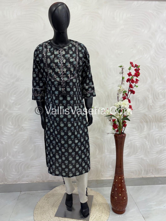 Salwar & Kameez(2pc) Set - Black kurti & Khadi Cotton Bottom with Applique work - VVCS002