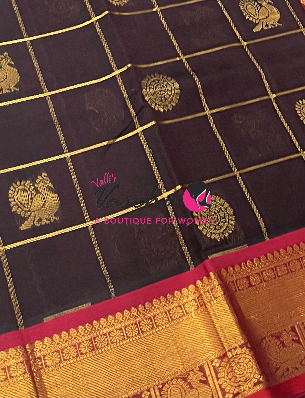 Pure Silk Cotton Saree - Mayil & Chakkaram Design - Brown With Red VVMC001