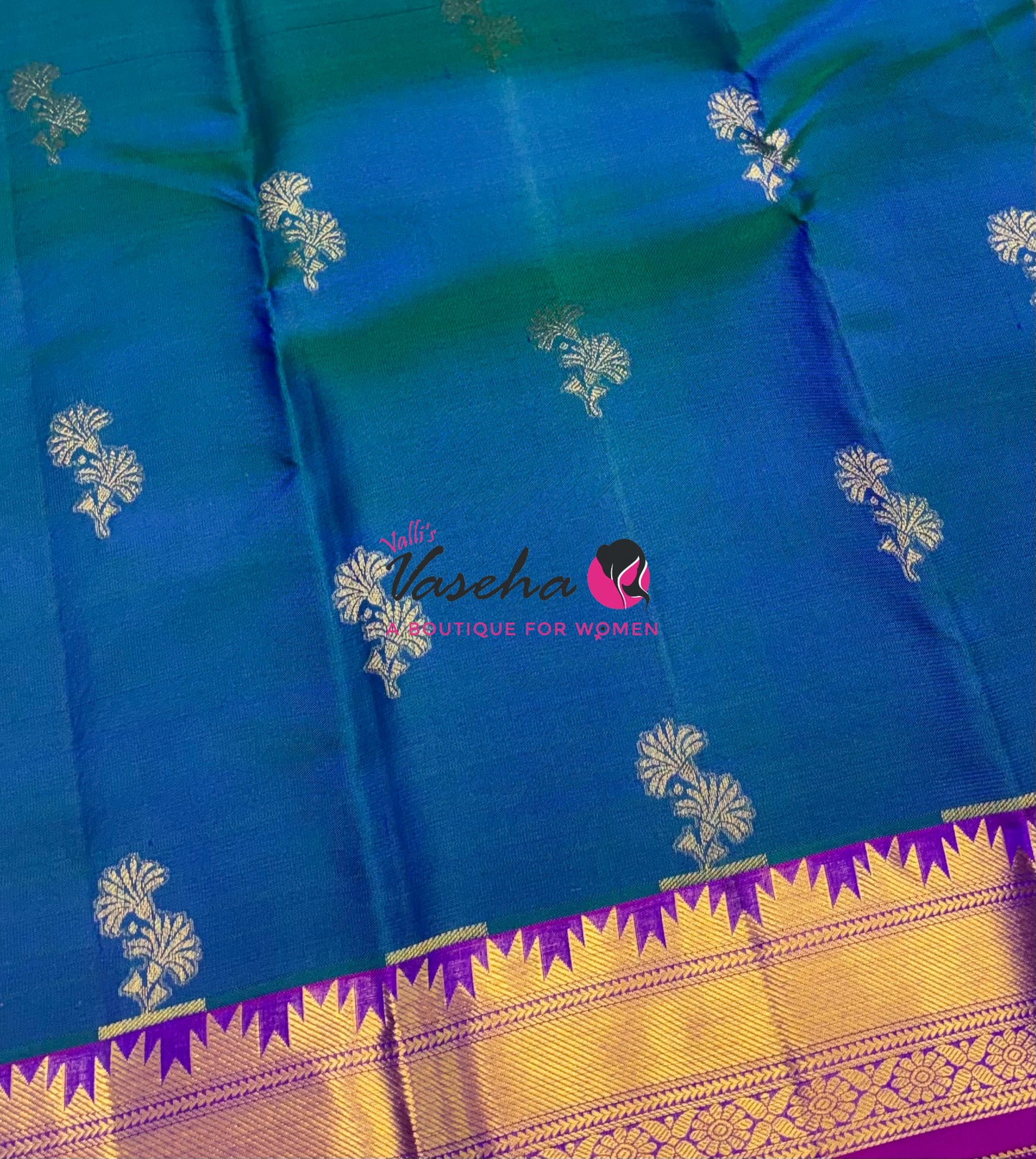 Pure Kanchipuram Silk Saree - Dual Tone Peacock Blue & Purplish Pink Combo - VVPS013