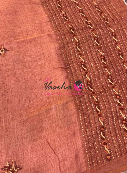 French Knot - Linen Tissue Saree - Peach Shade - VVLFN015