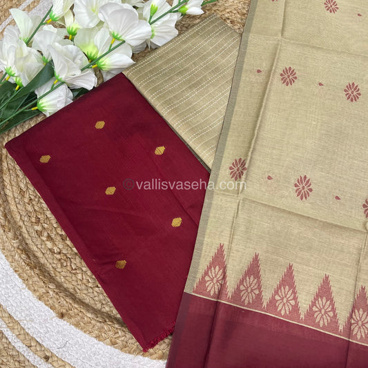 Unstitched Salwar Material -Raw Silk - Red with Cream Shade - VVUSM004