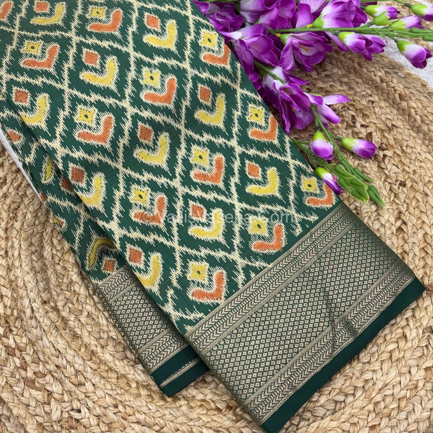 Semi Tussar Silk Saree - Ikkat / Pochampally Design - Dark Green Shade - VVSTS033