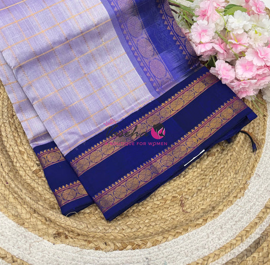 Pure Korvai Silk Cotton With Retta Petta Border - Checks pattern - Light Lavender & Blue - VVKSC013