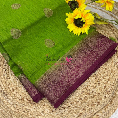 Bamboo Silk Saree- Green with Maroon Shade - VVBSS016