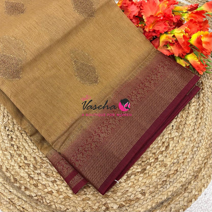 Bamboo Silk Saree - Cream  With Maroon - VVBSS018