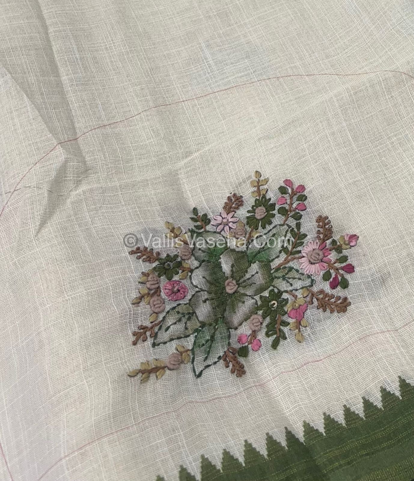 French Knot - Tissue Saree - Cream With Green Shade - VVLFN001
