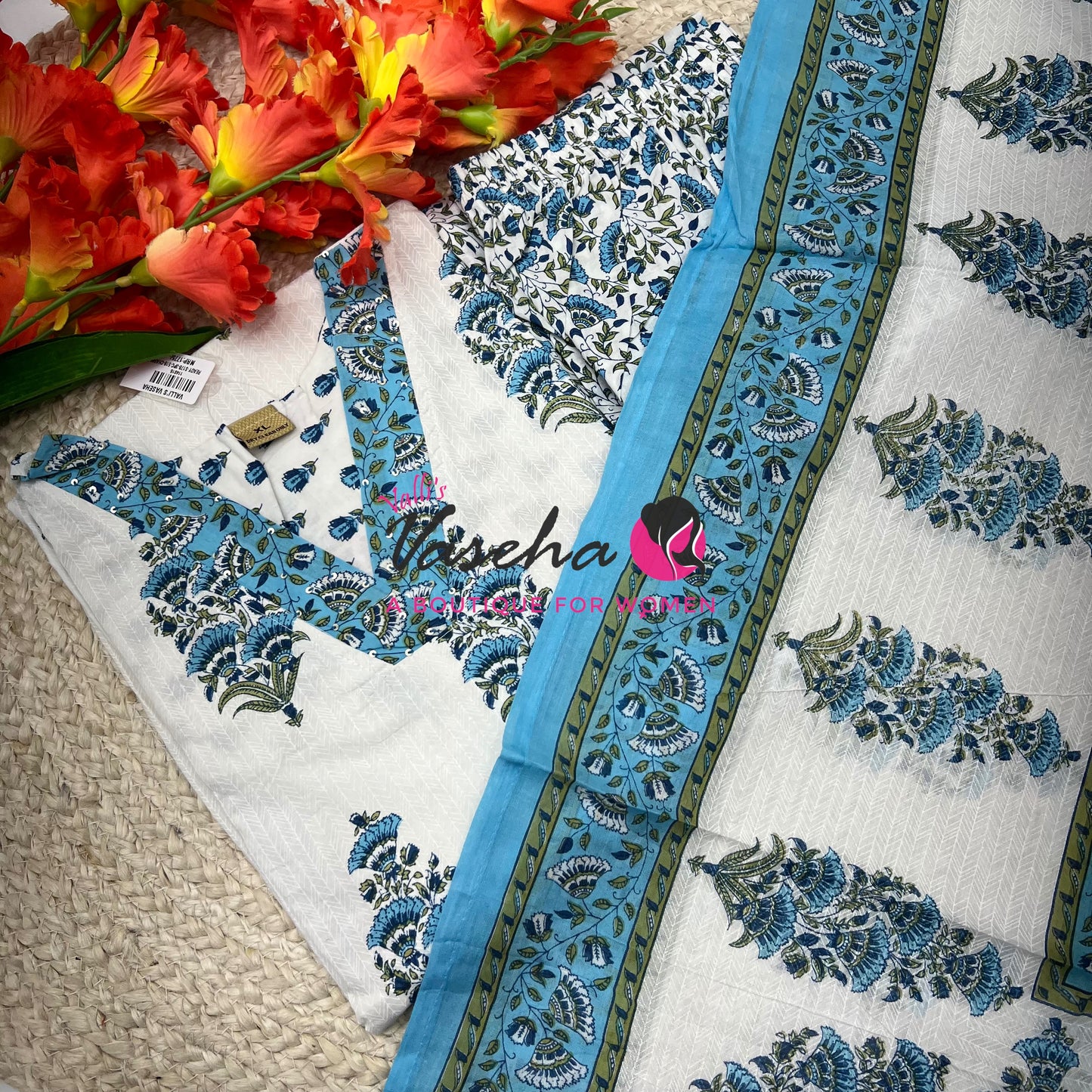 Ready Made | Anarkali |Salwar, Kameez & Duppatta(3pc)|Cotton |White & Blue - VVAS010