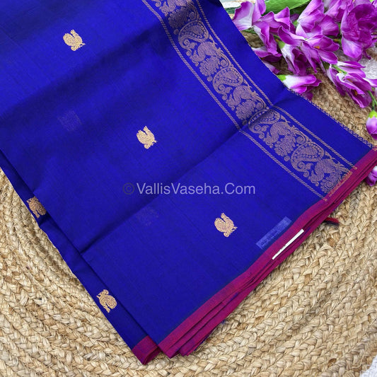 Pure Silk Cotton Saree - Blue With Pink  Shade - VVPSC002