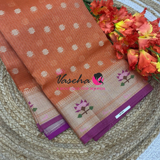 Kota Tissue Saree - Paithani Border - Light Orange with Purplish Pink   - VVKPS001