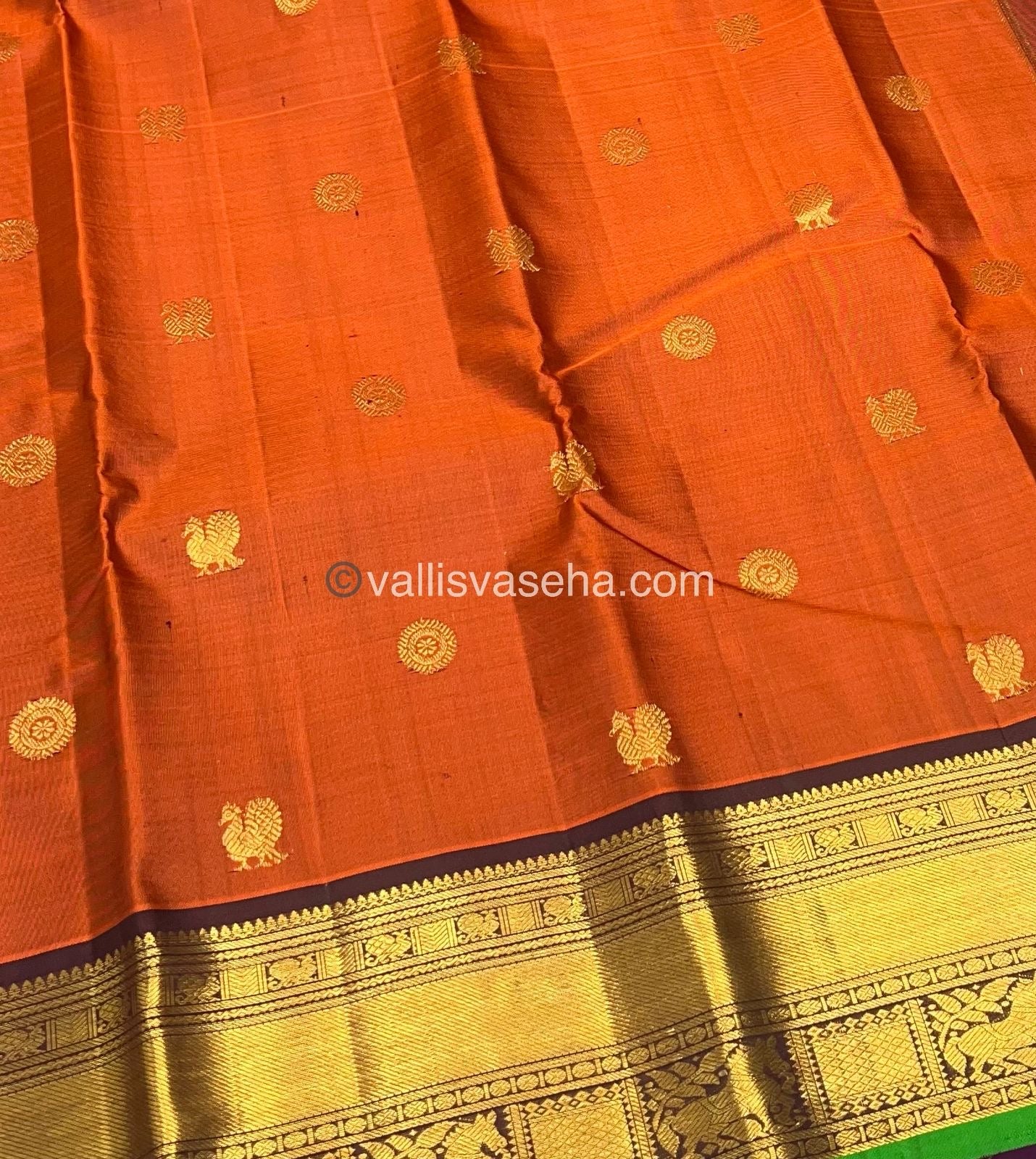 Pure Kanchipuram Silk Saree - Rust Orange & Wine Brown Shade  - VVPS022