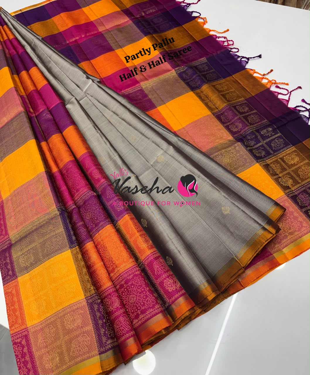 Pure Soft Silk Saree - Partly Pallu -  Half & Half Saree - VVPSS088