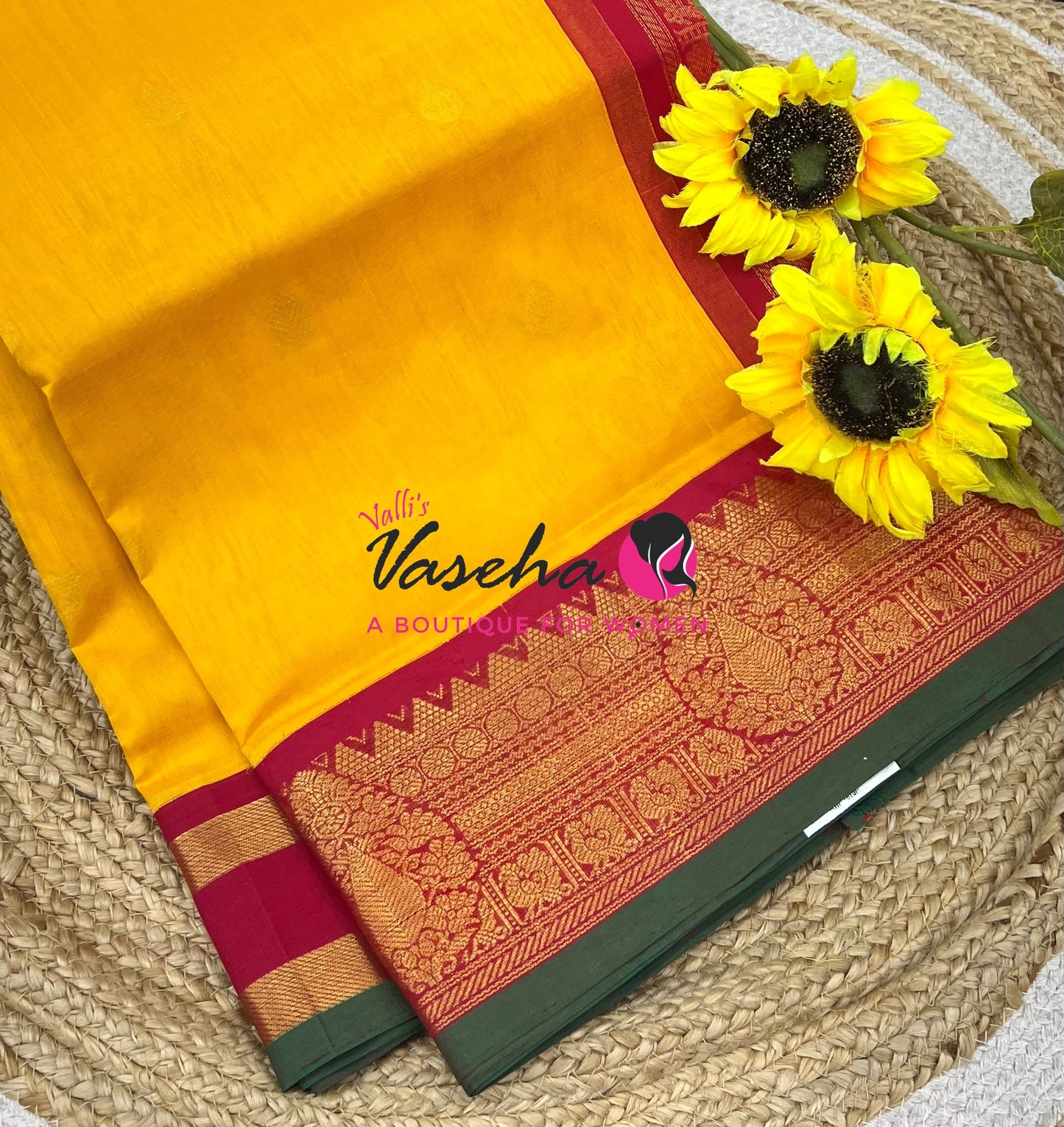 Pure Korvai Silk Cotton Saree - Yellow with Red - VVKSC019