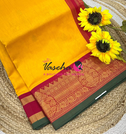 Pure Korvai Silk Cotton Saree - Yellow with Red - VVKSC019