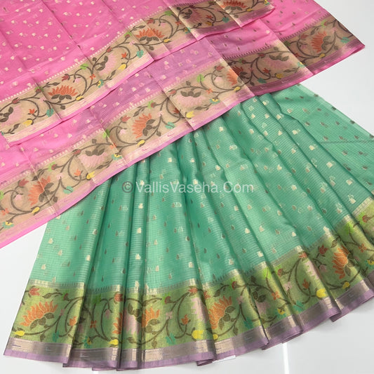 Unstitched - Lehenga Material - Zari Kota Tissue - Green & Pink- VVULM001