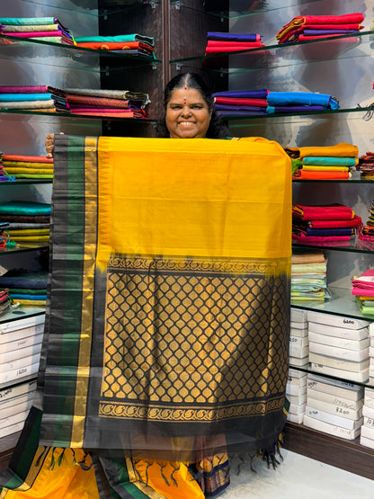 Pure Korvai Silk Cotton Saree - Yellow with Green & Black - Temple border - VVKSC002