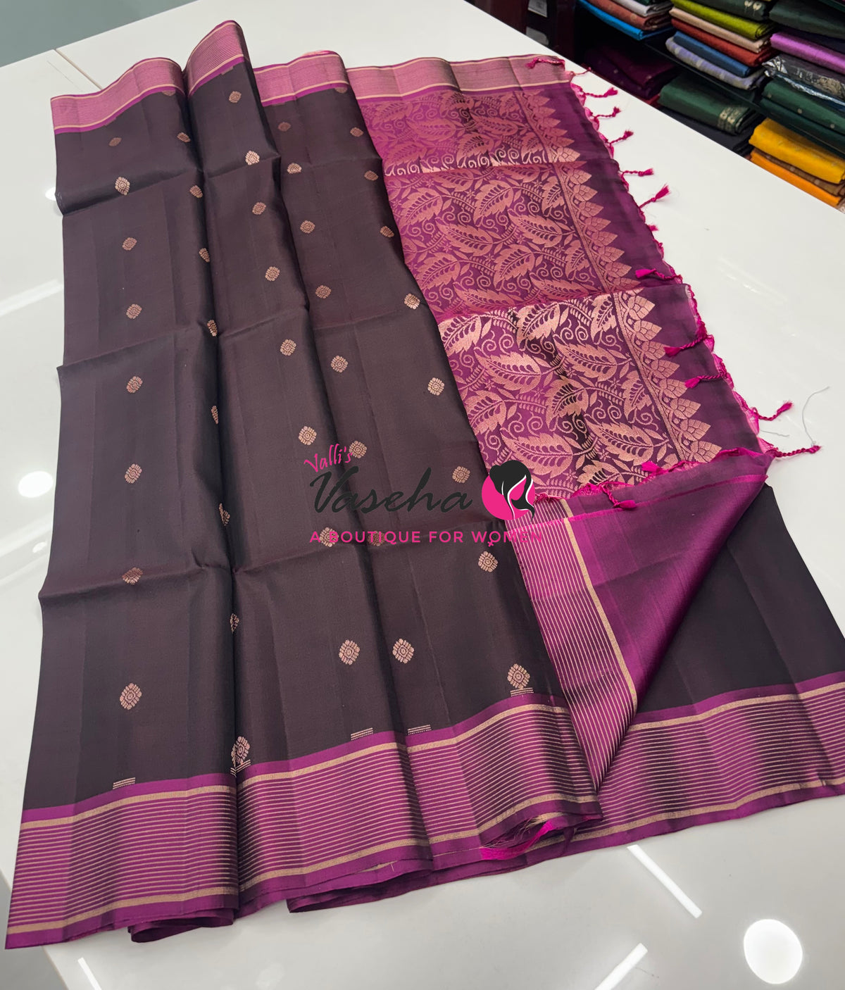 Half Mixed  Soft Silk Saree - (1.75 warp)Brown & Pink  - VVPSS090