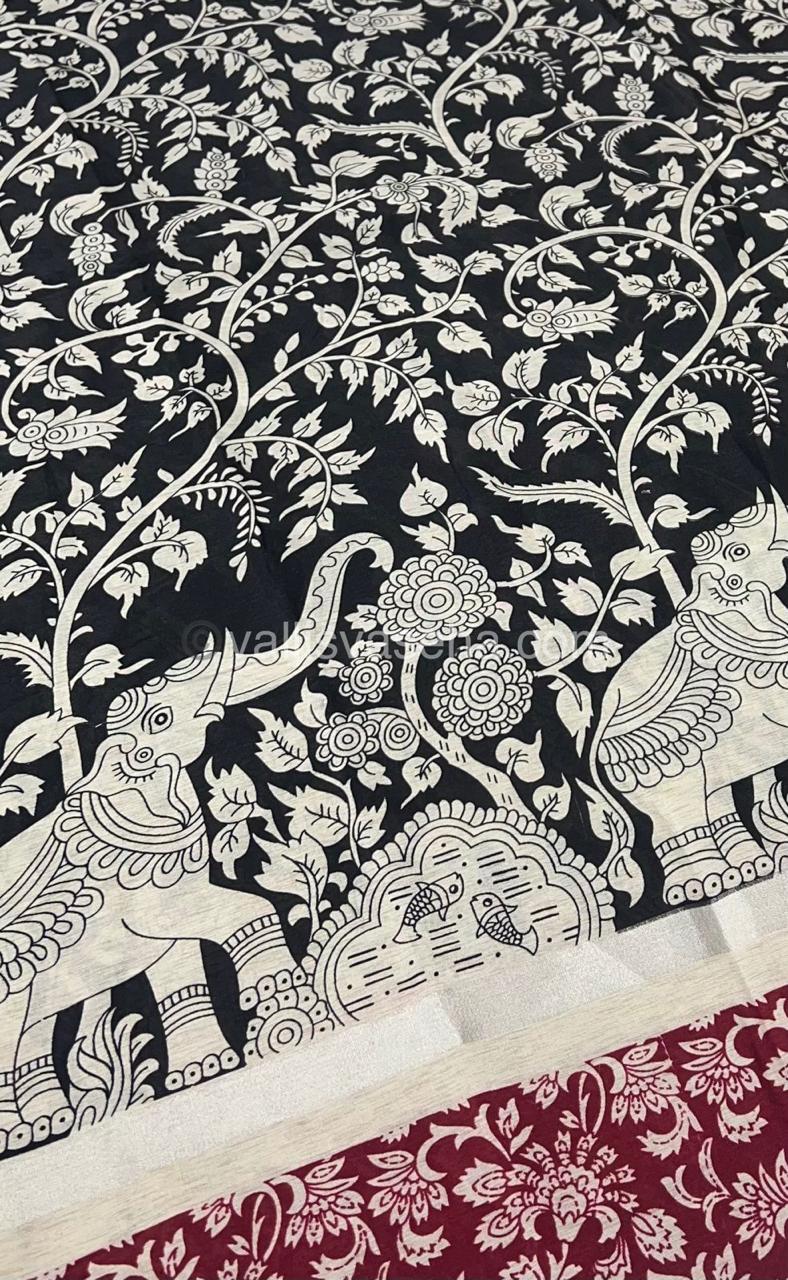 Casual Wear - Semi Silk Mixed - Kalamkari - Black With Merun - VVSSK001