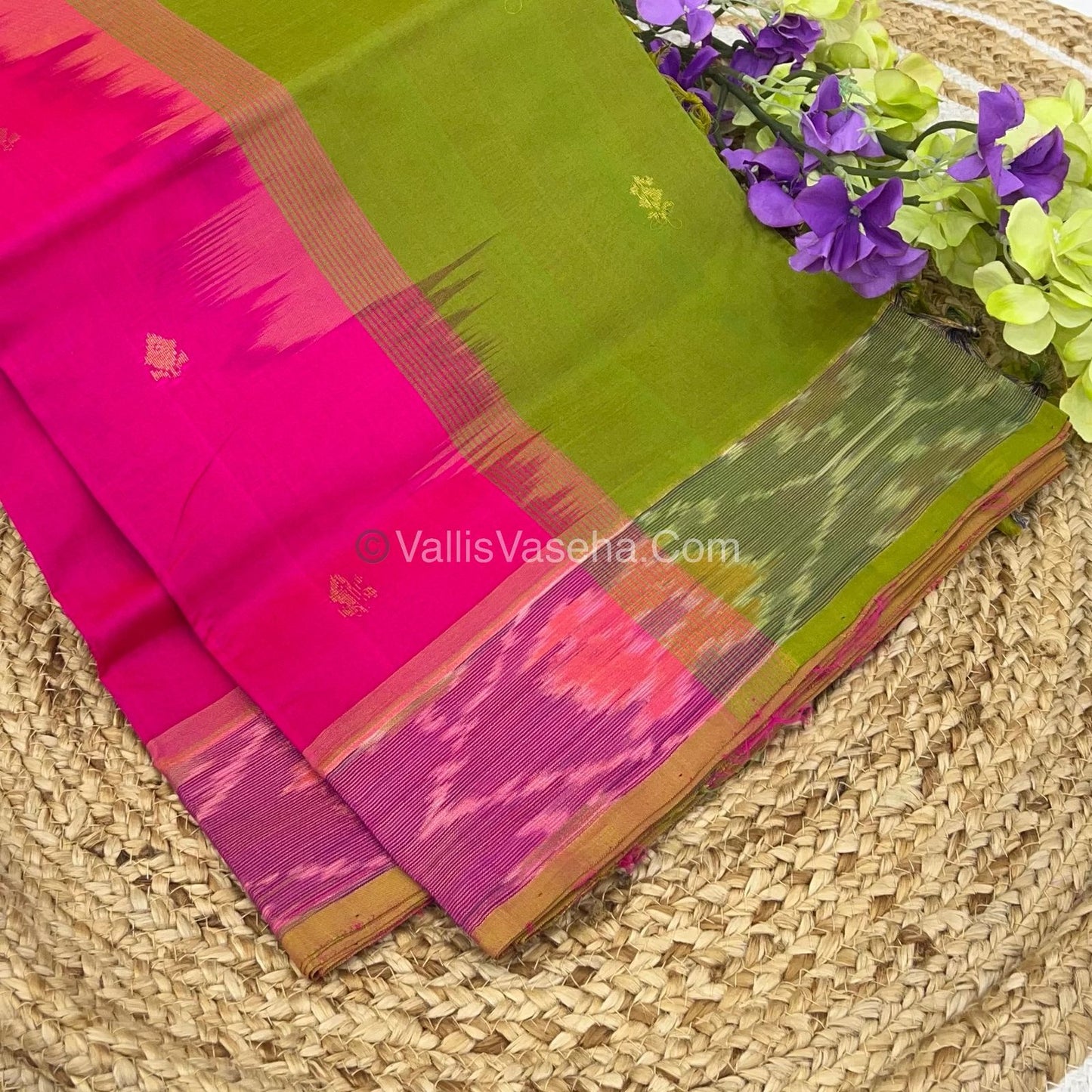 Semi Silk Cotton Saree -  Pink & Green   - VVSSC001