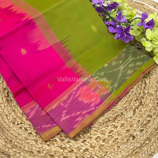 Semi Silk Cotton Saree -  Pink & Green   - VVSSC001