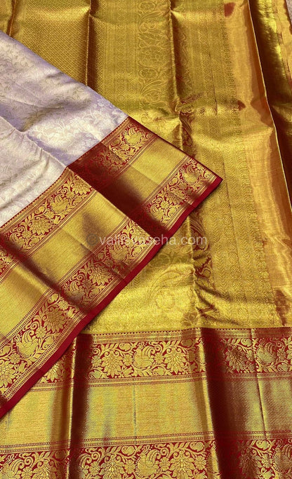 Pure Kanchipuram Silk Saree - Bridal Tissue - Light Pink with Red Combo - VVPS006