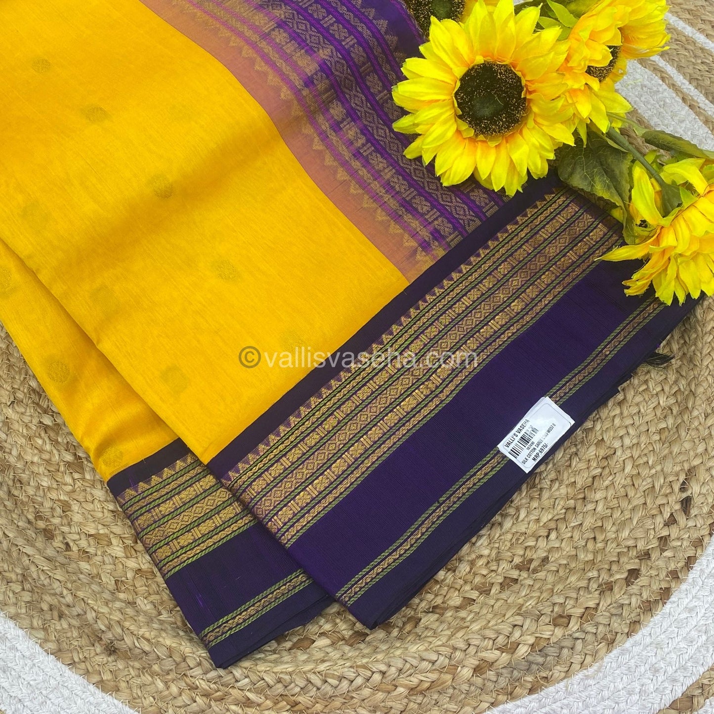 Pure Korvai Silk Cotton Saree - Yellow  with Blue - Retta Petta border - VVKSC004