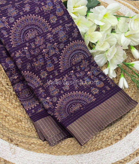Light Weight Fancy Mixed Kota Cotton - Varli Design Printed Saree - Purple Shade - VVKPC001