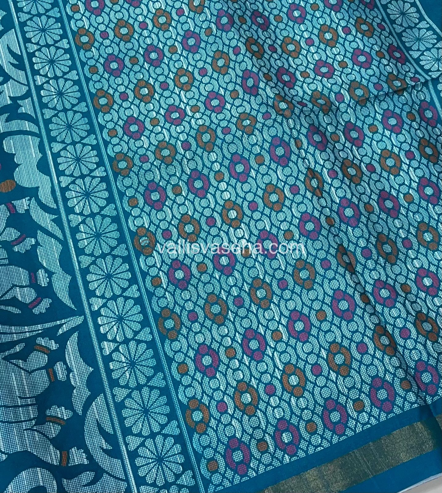 Semi Tussar / Semi Chappa Silk |Peacock Design | - Cream & Ramar Blue Combo - VVSTS018