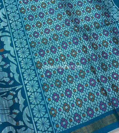 Semi Tussar / Semi Chappa Silk |Peacock Design | - Cream & Ramar Blue Combo - VVSTS018