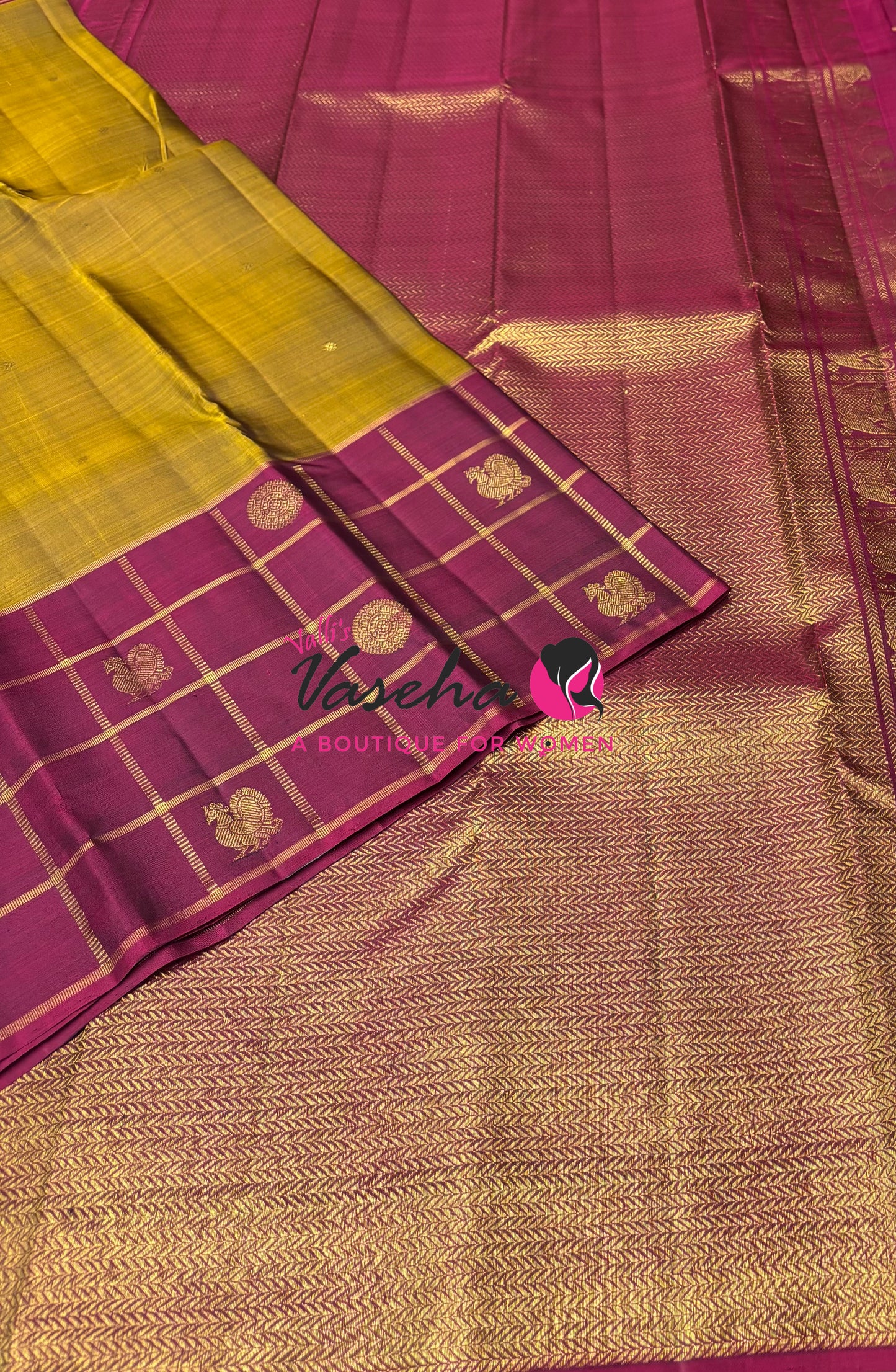 Pure Kanchipuram Silk Saree - Mustard Yellow & Maroon Shade  - VVPS027