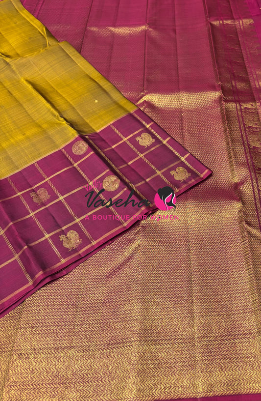 Pure Kanchipuram Silk Saree - Mustard Yellow & Maroon Shade  - VVPS024