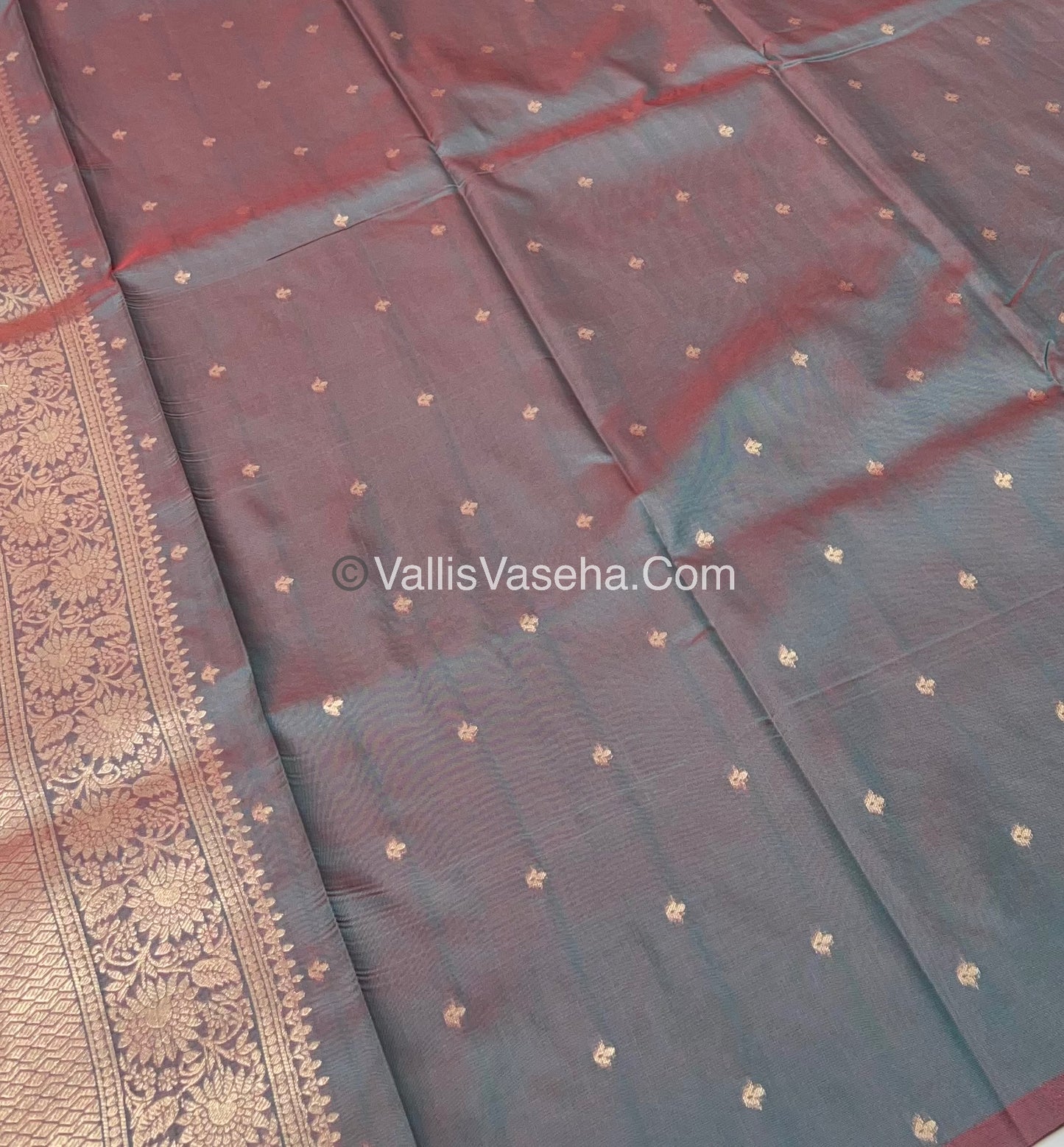 Semi Soft Silk - Peacock Butta Border - Greenish Grey Shade -VVSSS011