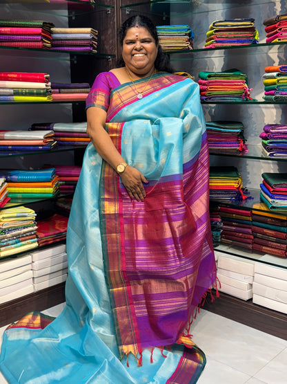 Pure Korvai Silk Cotton Saree - Ice Blue with Purple & Green - VVKSC004