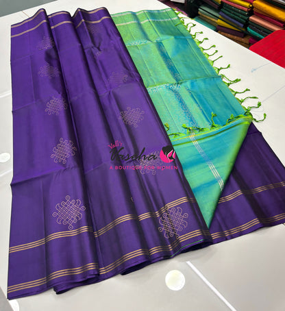 Pure Soft Silk Saree  - Kolam Weaving  - Purple & Dual Tone Green Combo - VVPSS160