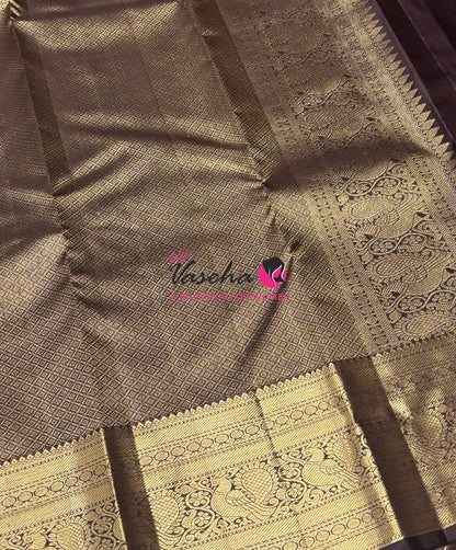 Pure Kanchipuram Silk Saree - Mustard Yellow With Brown - VVPS094