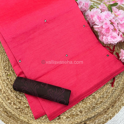 South Mixed Cotton - Mirror Work Embroidery - Peachish Pink with Brown - VVPCM002