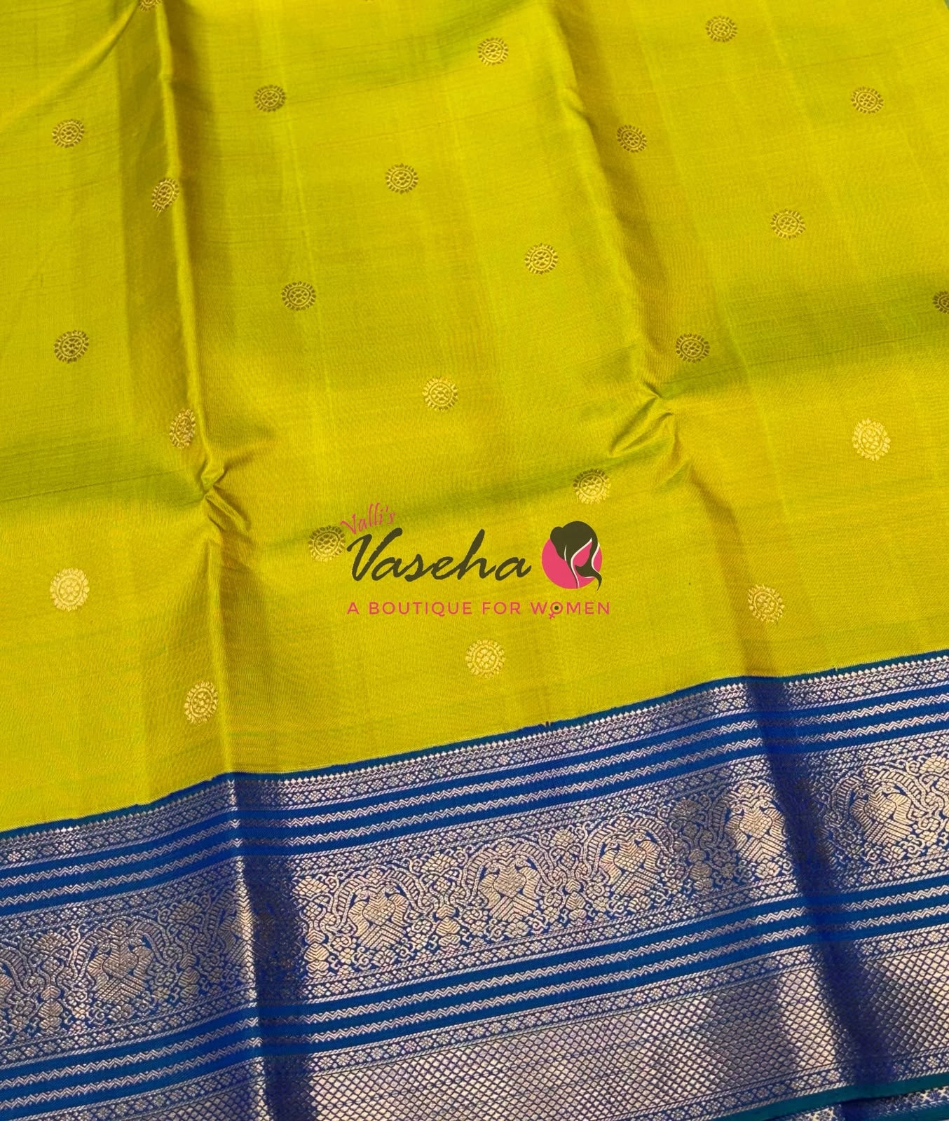 Pure Vintage Korvai Kanchipuram Silk Saree - Lemon Yellowish Green & Peacock Blue Combo - VVPS048