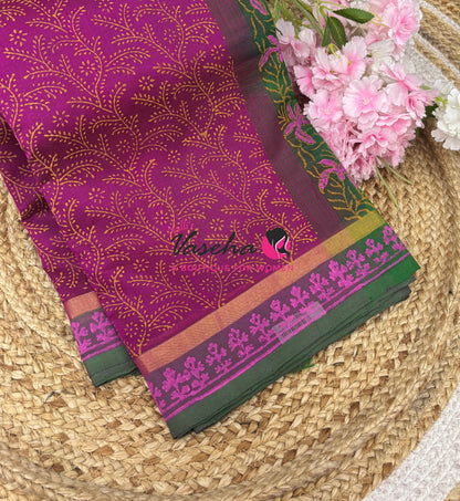 Pure Printed Silk Cotton Sarees - Pink With Green - VVPSC004