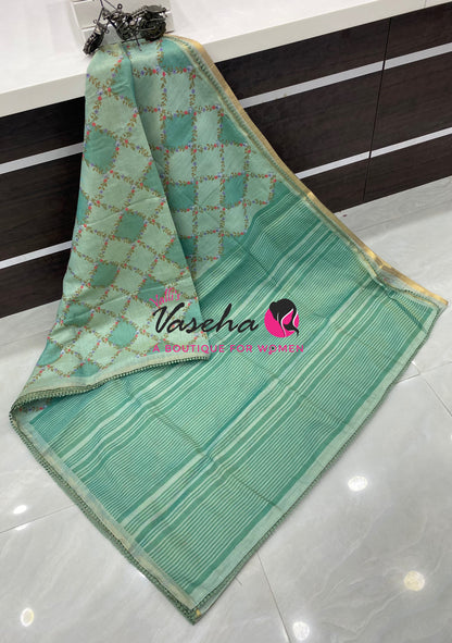 Linen Tissue Saree -  Light & Dark Combo - Ramar Green Shade - VVLTS008