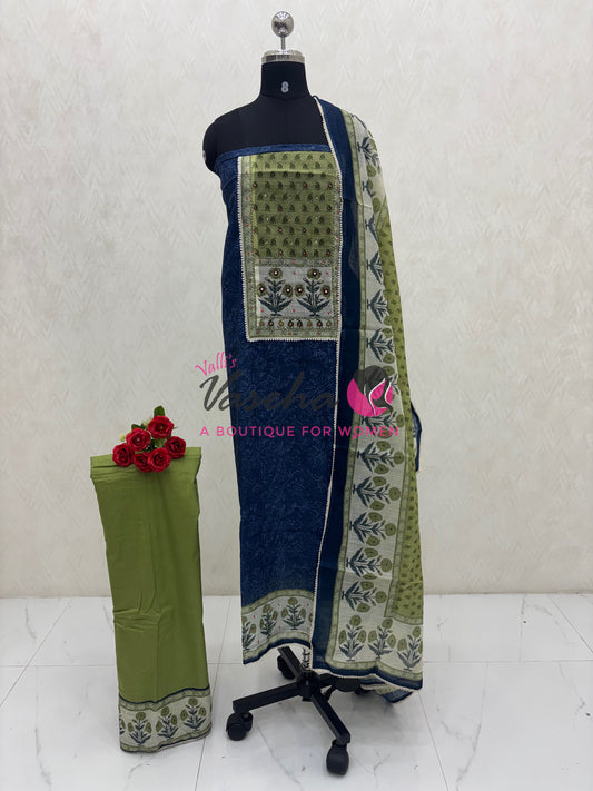Unstitched Linen Mixed Cotton Material | Blue with Green Shade | VVUSM075