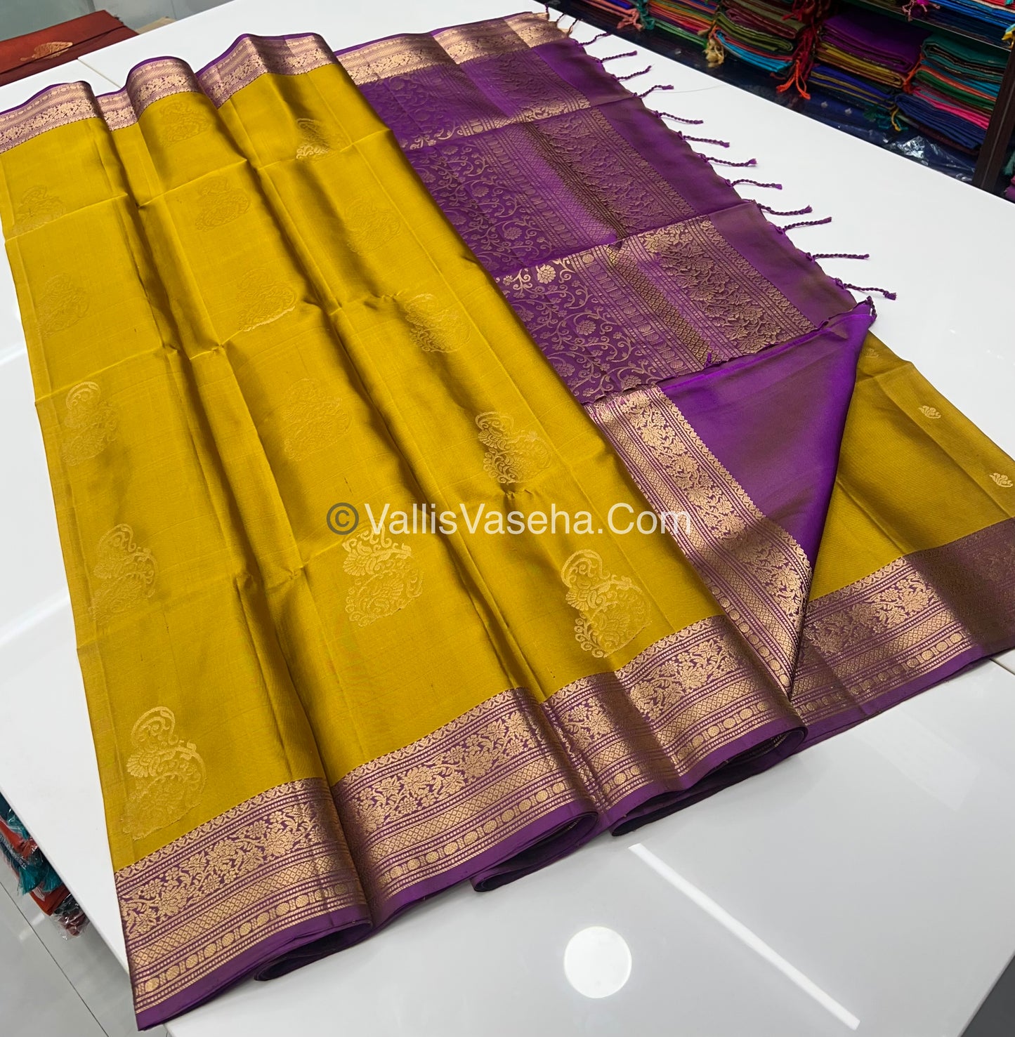 Pure Soft Silk Saree - Kanchi Border - Mustard & Purple Combo - VVPSS046