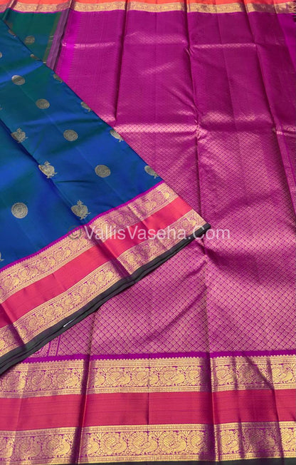 Pure Vintage Korvai Kanchipuram Silk Saree - Peacock Blue & Pink Combo - VVPS038